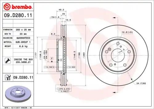 Тормозной диск передний BREMBO 09.D280.11
