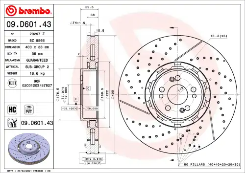 Диск тормозной mercedes-benz gle coupe (c167) amg gle 63 eq boost 4-matic+ (167.389) 2020- BREMBO 09.D601.43