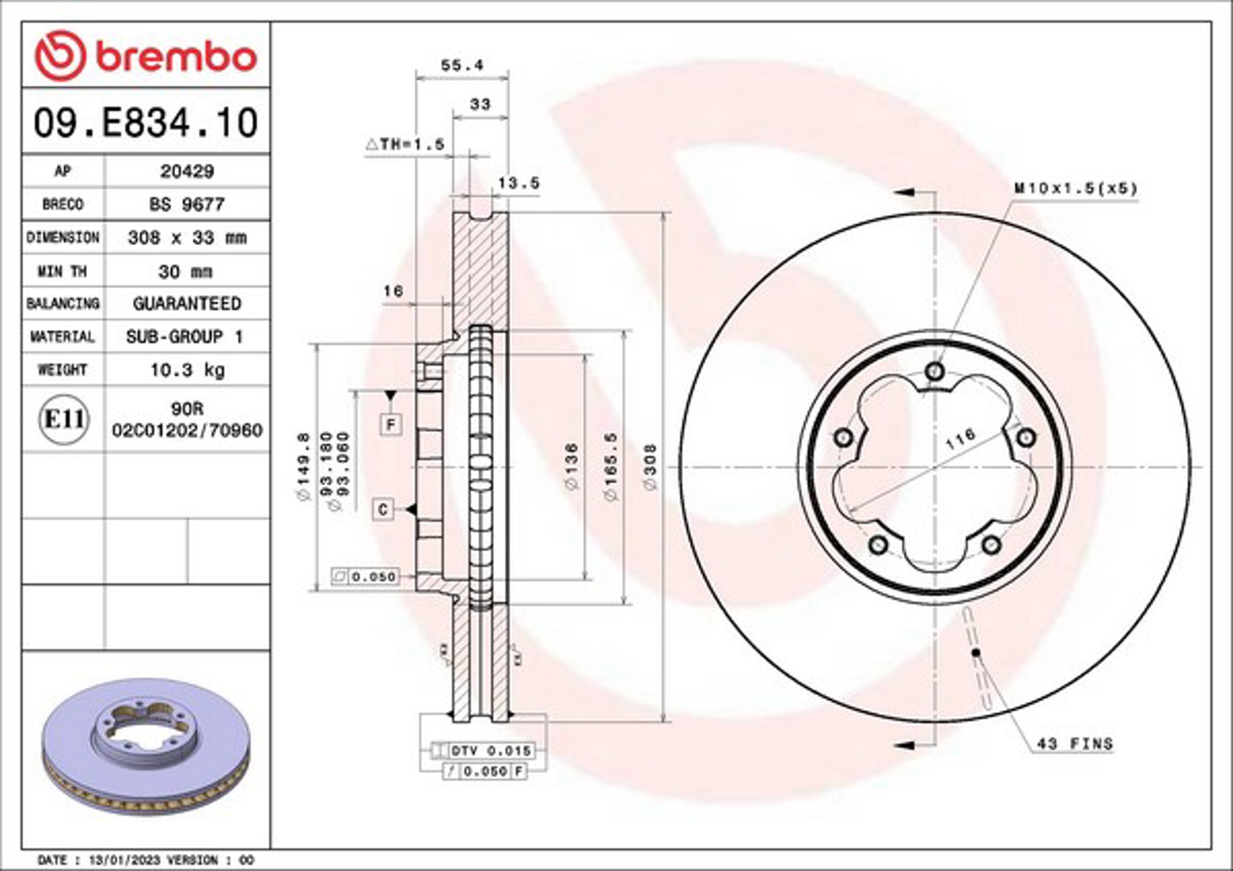 ( 09.e834.10 ) тормозной диск BREMBO 09.E834.10