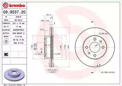 Тормозной диск BREMBO 09.9537.20