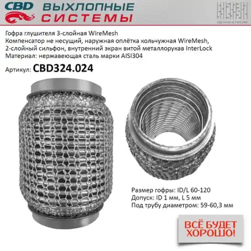 Гофра глушителя wiremesh 60-120 (класс cbd-a) aisi 304