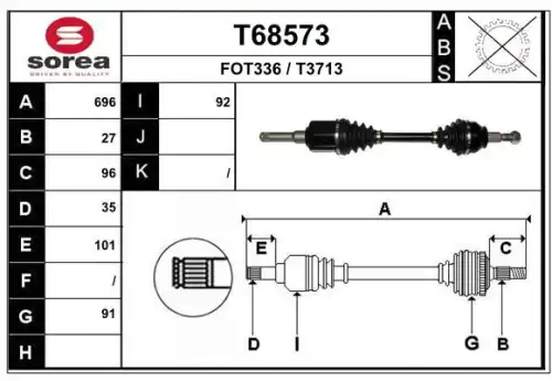 T68573 привод передний левый 696 мм акпп EAI T68573