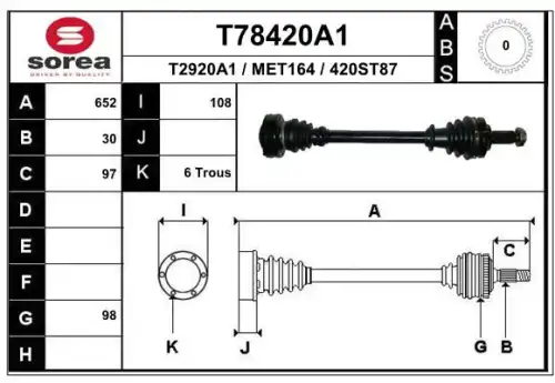 T78420a1 привод передний лев.+прав. 652mm w/o abs EAI T78420A1
