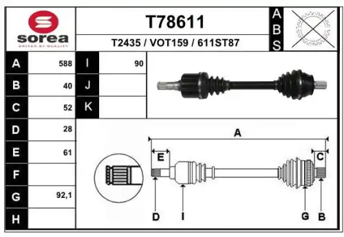 T78611 привод передний левый 588 мм акпп EAI T78611