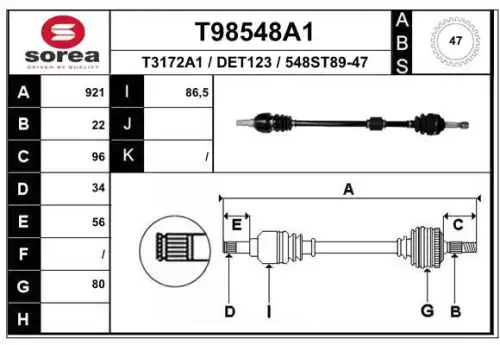 T98548a1 привод передний правый 921 мм с аbs EAI T98548A1
