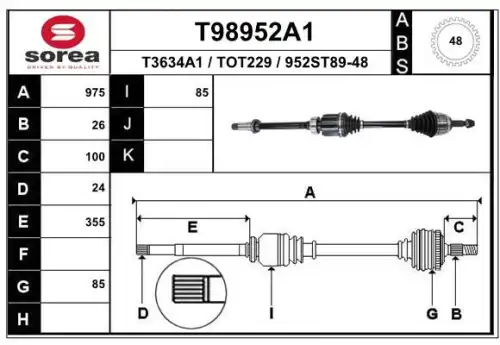 T98952a1 привод передний правый 975 мм abs акпп EAI T98952A1