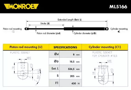 Газовая пружина крышки багажник MONROE ML5166