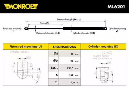 Газовая пружина крышки багажник MONROE ML6201