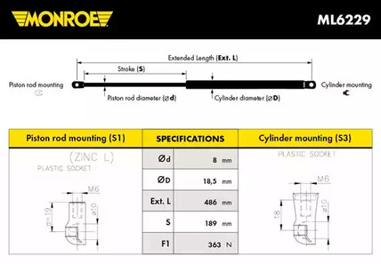 Газовая пружина крышки багажник MONROE ML6229