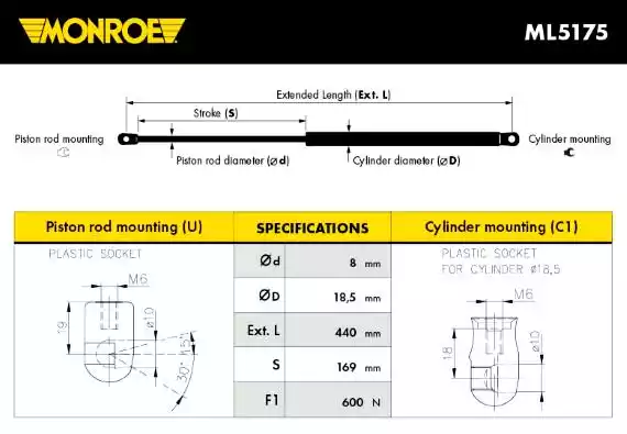 Газовая пружина крышкы багажник maxlift MONROE ML5175