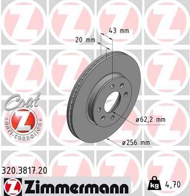 Диск тоpм kia picanto ja 1.01.2 2017- пер вент 4 отв 256x20 цо ZIMMERMANN 320.3817.20