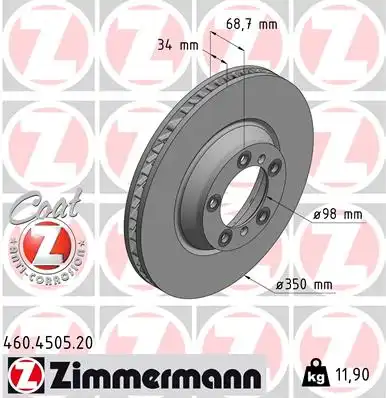 Диск тоpм porsche panamera 16- пер вент прав 5 отв 350x34 ZIMMERMANN 460.4505.20
