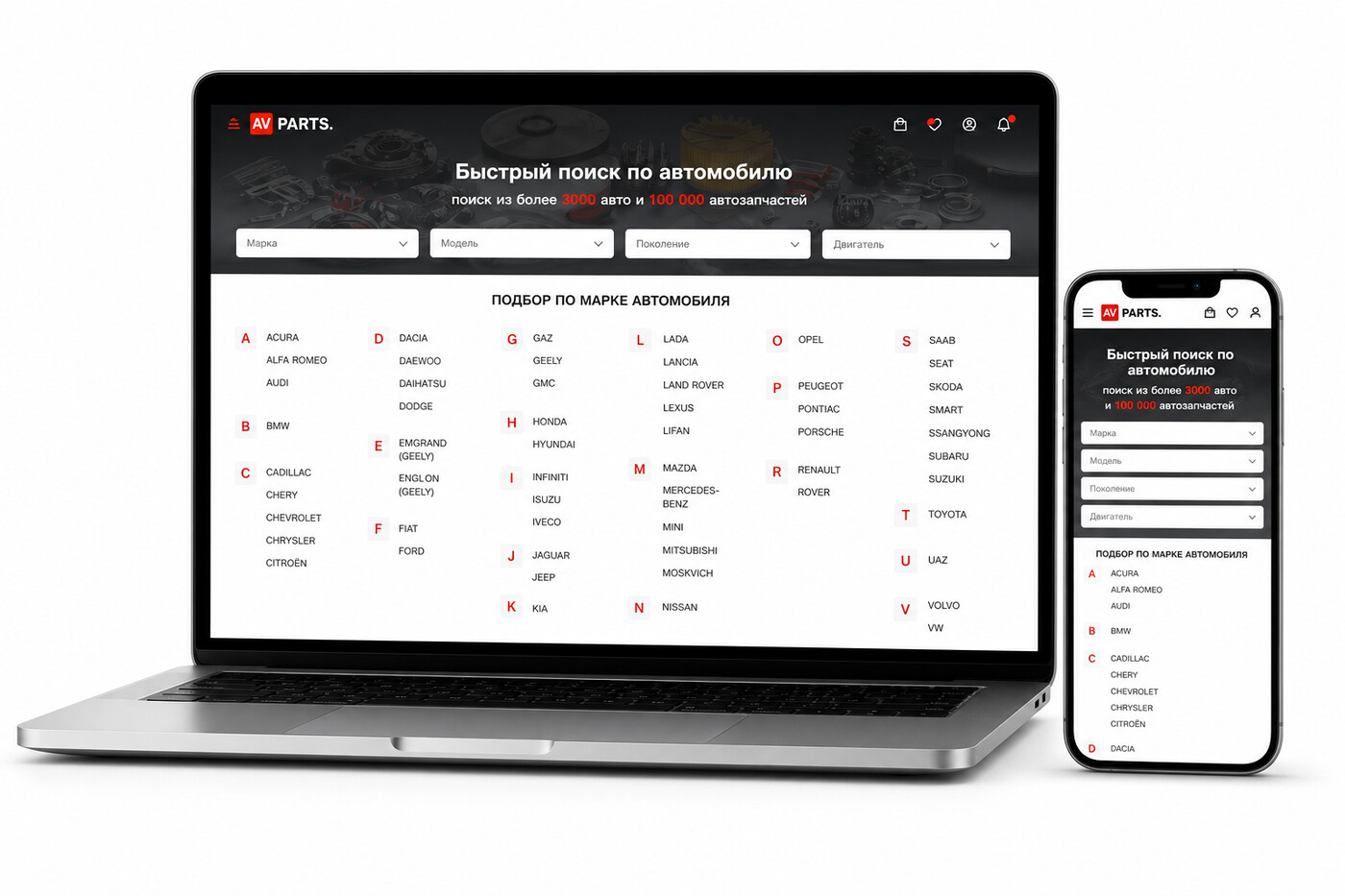 Сайт AV-Parts на ноутбуке и смартфоне